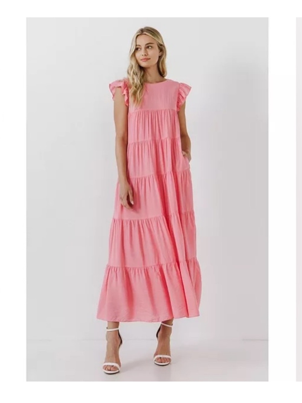 English Factory Tiered Maxi Dress Ruffle Sleeve Tie Back - Size XS